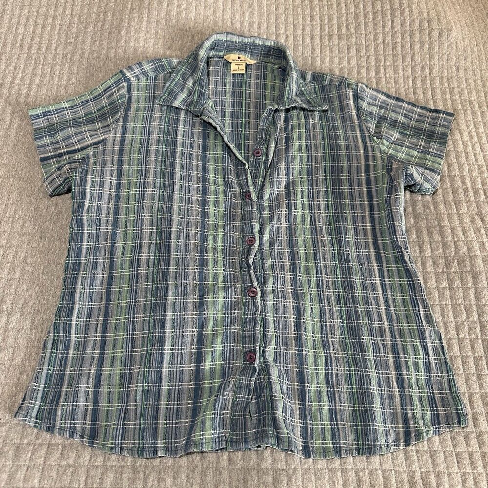 Vintage Woolrich 98% Cotton Plaid Button Shirt Blue Green Short Sleeve Size L